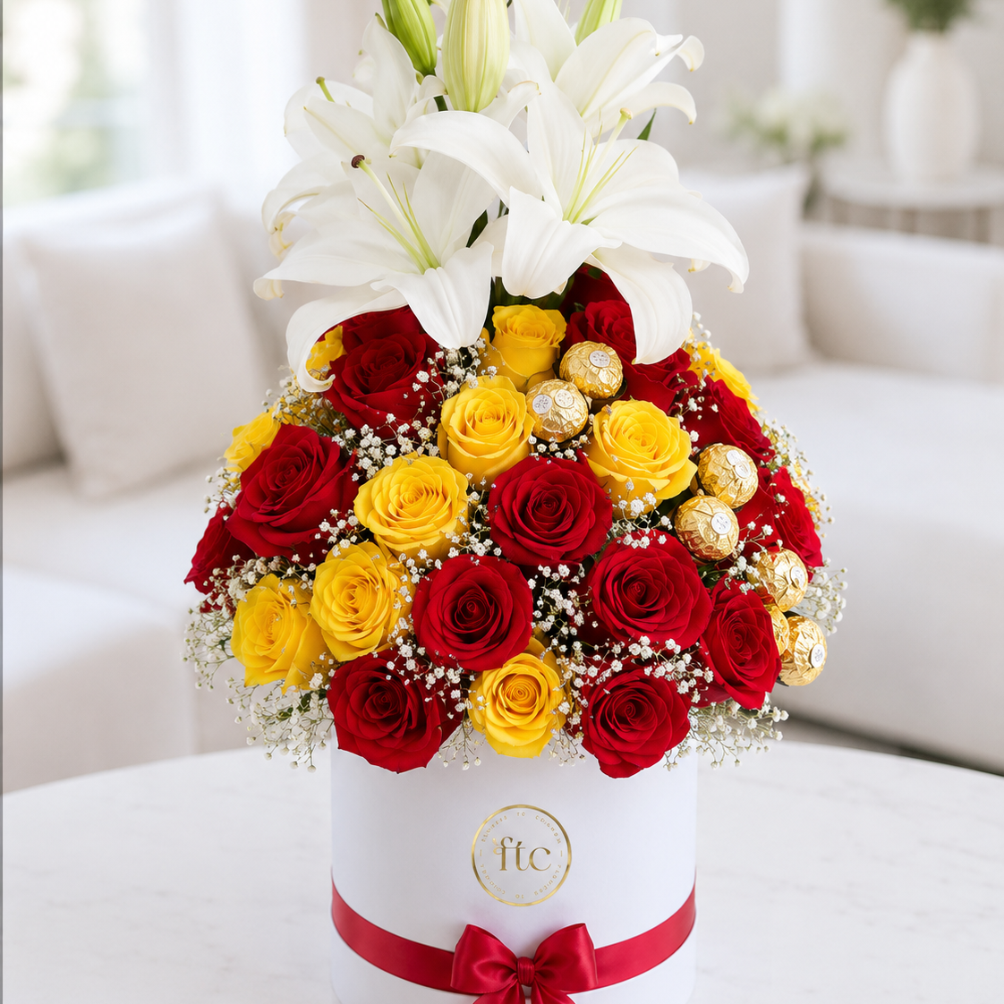 Luxury flower box with white lilies, premium red and yellow roses, Ferrero Rocher chocolates, and baby's breath for same-day flower delivery in Restrepo, Meta.
