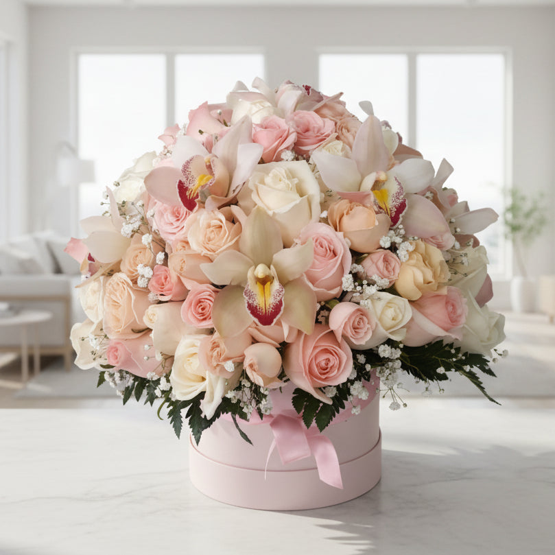 luxury flower box with roses and orchids for delivery in bogota colombia
