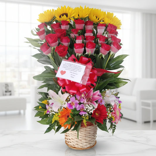 luxury flower arrangement with red roses sunflowers lilies and mixed flowers for delivery in bogota colombia