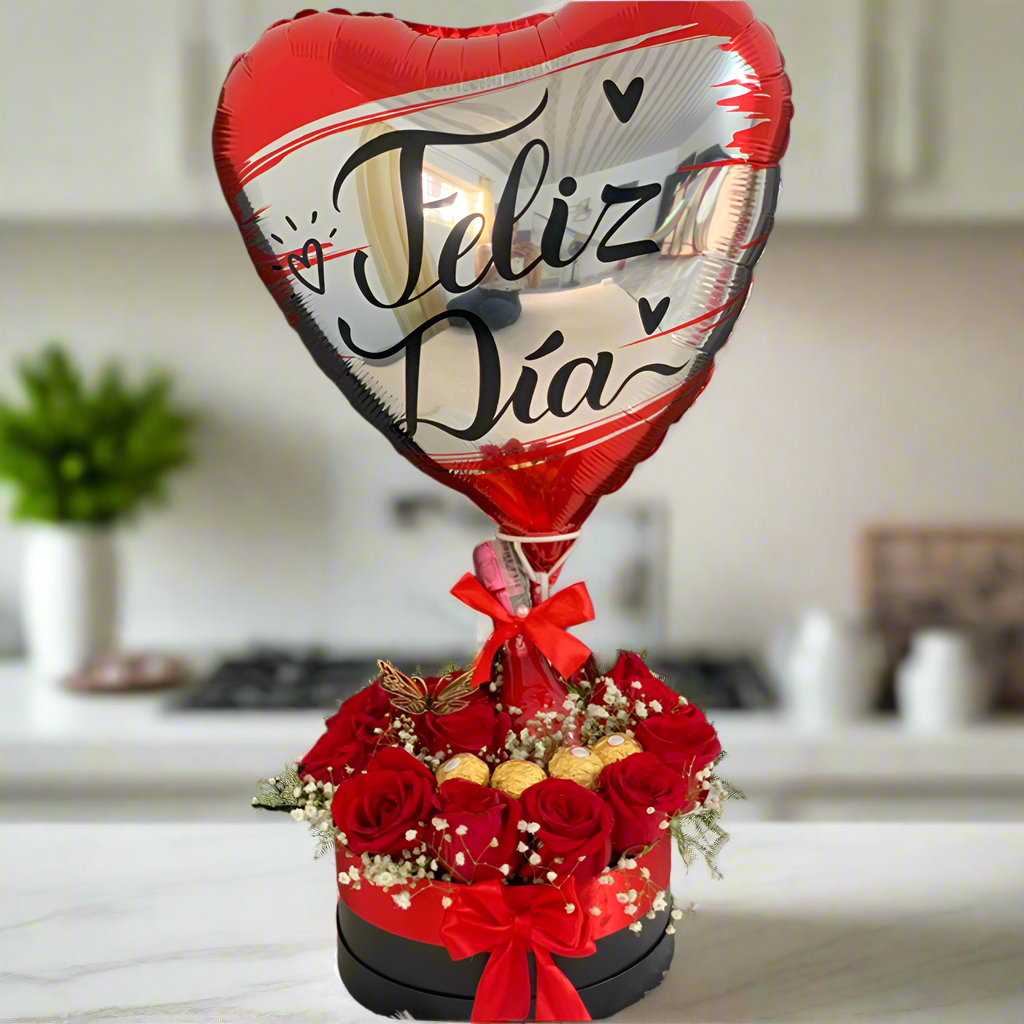 Luxury Black Box with Red Roses, Wine, Ferrero & Balloon – Hato Corozal Casanare