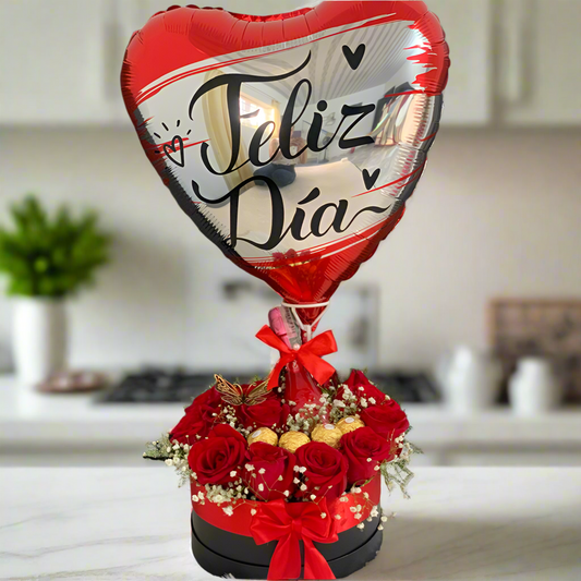 Luxury Black Box with Red Roses, Wine, Ferrero & Balloon – Hato Corozal Casanare