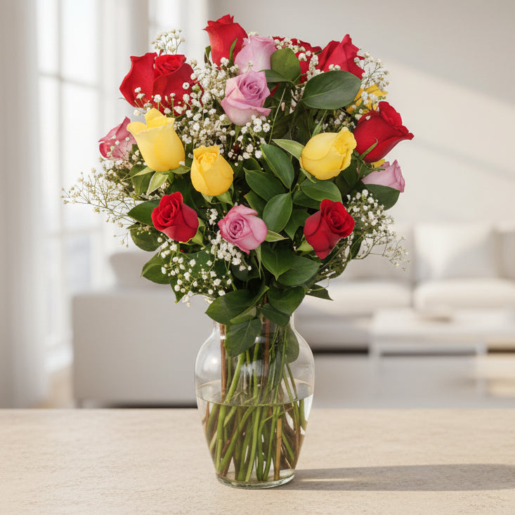 Elegant arrangement of 36 mixed roses in red, pink, and yellow tones with baby’s breath and greenery, displayed in a glass vase for delivery in Bucaramanga, Colombia.