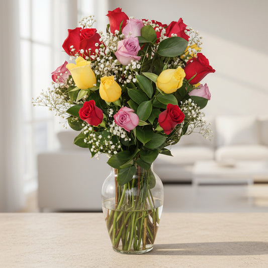 Elegant arrangement of 36 mixed roses in red, pink, and yellow tones with baby’s breath and greenery, displayed in a glass vase for delivery in Bucaramanga, Colombia.