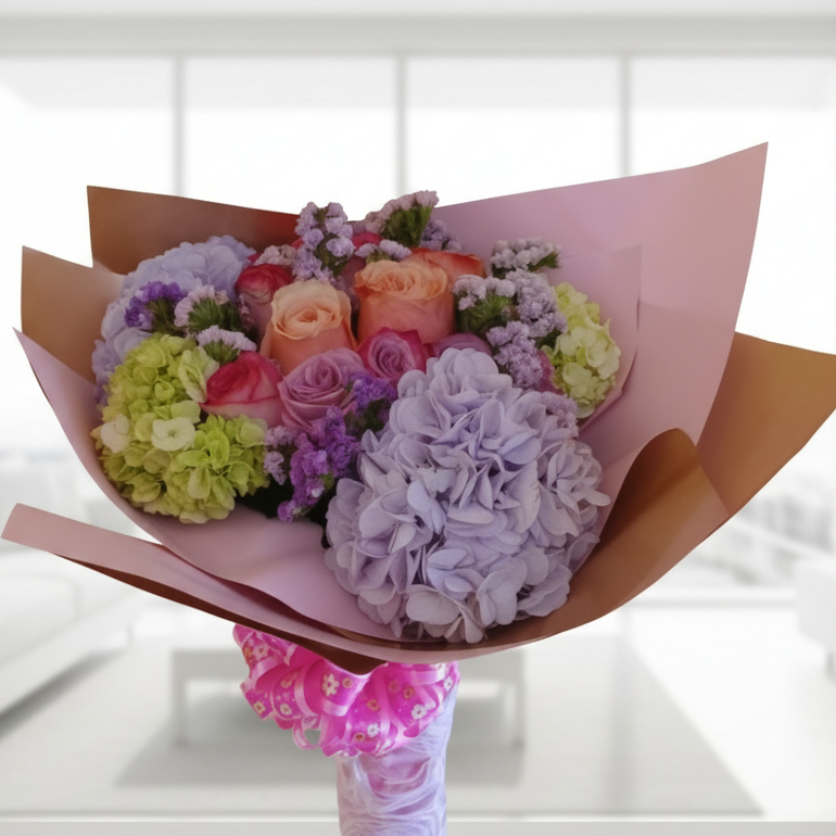 mixed flowers bouquet with roses hydrangeas and seasonal flowers for delivery in Cali Colombia
