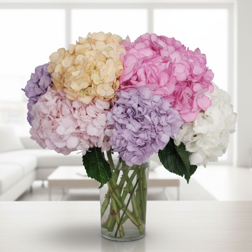 Elegant arrangement of mixed hydrangeas in pastel shades including pink, lavender, cream, and white, displayed in a clear glass vase for delivery in Bucaramanga, Colombia.