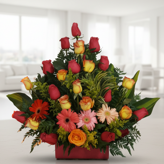 mixed flower arrangement with roses and gerberas in vibrant colors for delivery in Cali Colombia