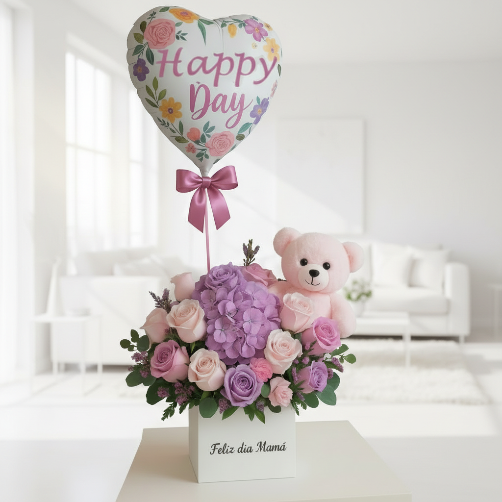 Mother’s Day flower arrangement with pink roses, hydrangea, teddy bear and heart-shaped balloon in Cali Colombia