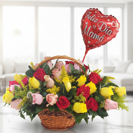 mixed roses basket with happy mothers day balloon for delivery in Cali Colombia