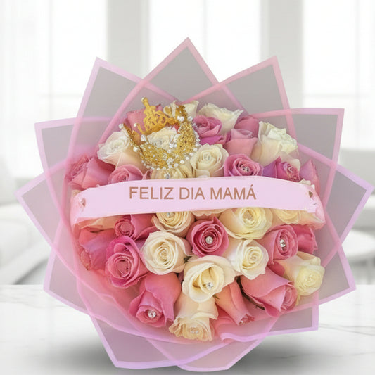 mother’s day bouquet with pink and white roses crown and feliz dia mama message for delivery in Cali Colombia