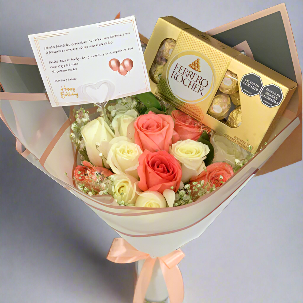 Peach and White Rose Bouquet with Ferrero Rocher and Card – Hato Corozal Casanare