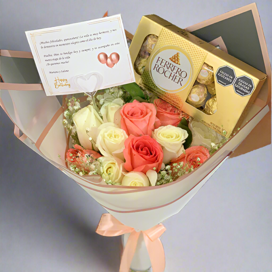Peach and White Rose Bouquet with Ferrero Rocher and Card – Hato Corozal Casanare