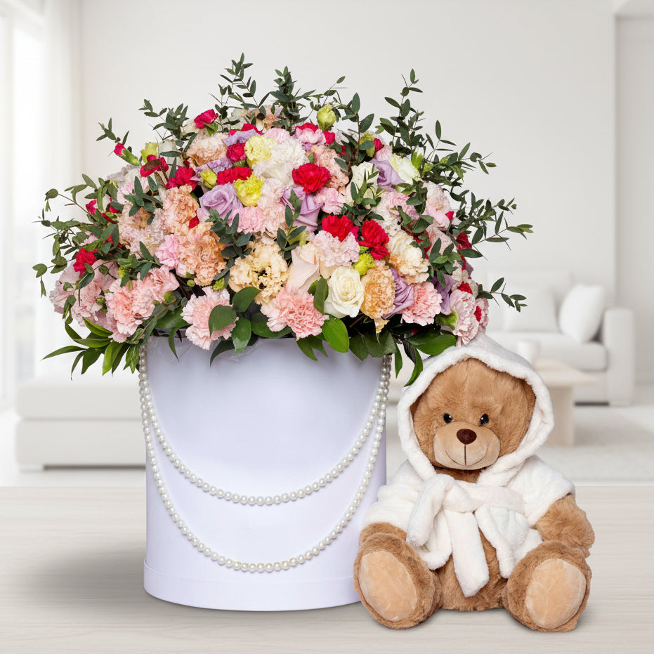 Giant luxury pearl hatbox with seasonal flowers, roses and carnations, plus a personalized luxury teddy bear