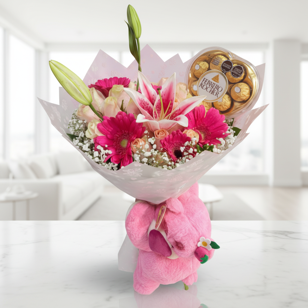 Romantic pink flower bouquet with lilies, roses, gerberas, Ferrero Rocher chocolates, and a pink teddy bear, ideal for delivery in Bucaramanga, Colombia.
