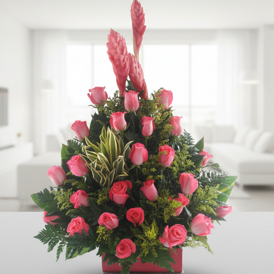 elegant pink roses arrangement with greenery for delivery in Cali Colombia