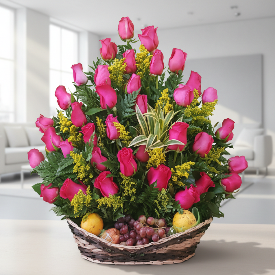 pink roses and fresh fruit basket arrangement for delivery in Cali Colombia