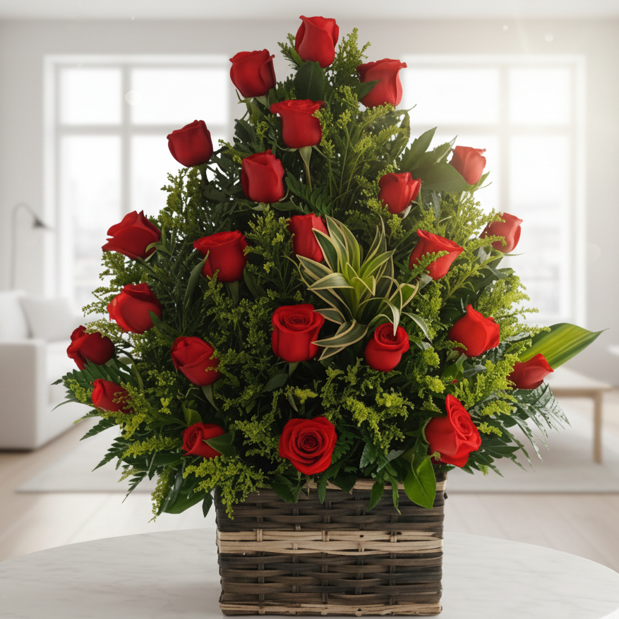 red roses flower basket arrangement with greenery for delivery in Cali Colombia
