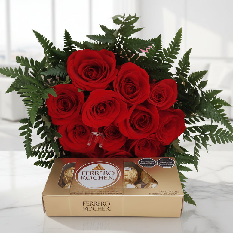 Red roses bouquet with 12, 24, or 36 roses paired with Ferrero Rocher chocolates (8 units), ideal for romantic flower delivery in Bucaramanga, Colombia.