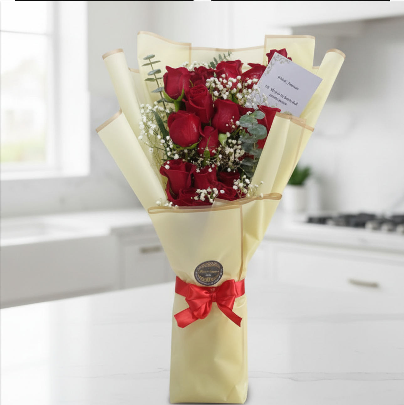 Elegant bouquet of 12 premium red roses with baby's breath, eucalyptus, and luxury ivory wrapping for same-day flower delivery in Restrepo, Meta.