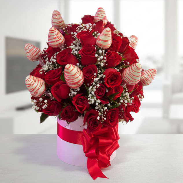 Luxury arrangement of red roses decorated with chocolate-covered strawberries and baby’s breath, presented in an elegant gift box for delivery in Bucaramanga, Colombia.