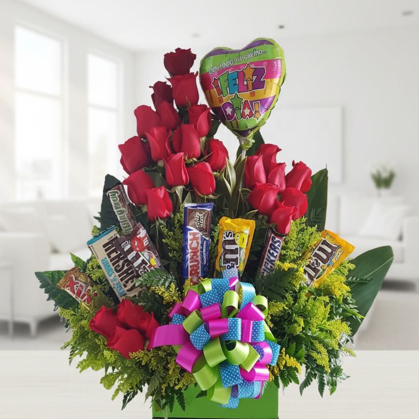 red roses arrangement with chocolates and birthday balloon for delivery in Cali Colombia