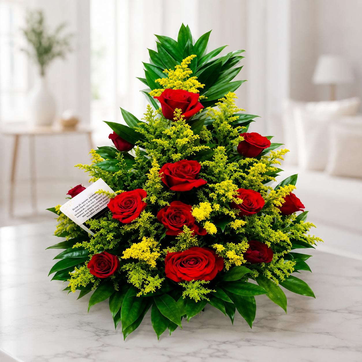 Elegant floral arrangement with premium red roses, yellow solidago, and lush green foliage for same-day flower delivery in Restrepo, Meta.