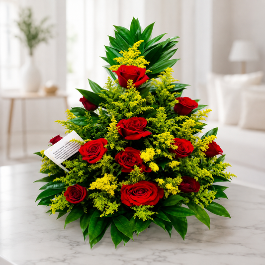 Elegant floral arrangement with premium red roses, yellow solidago, and lush green foliage for same-day flower delivery in Restrepo, Meta.