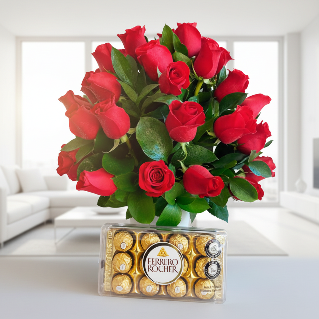 Elegant arrangement of fresh red roses with Ferrero Rocher chocolates, perfect for romantic flower delivery in Bucaramanga, Colombia.