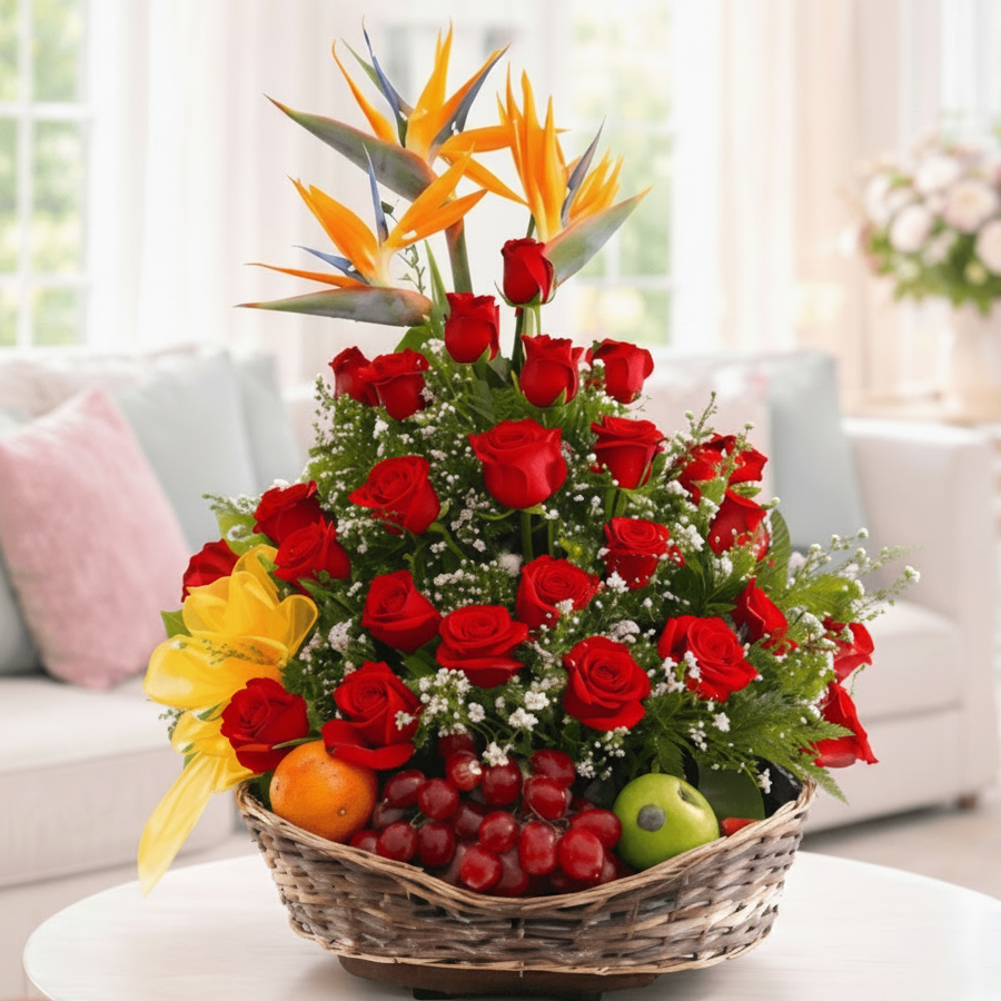 red roses and fresh fruit basket with tropical flowers for delivery in Cali Colombia