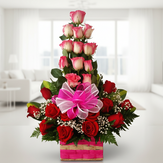 premium roses arrangement with pink and red roses in elegant design for delivery in Cali Colombia