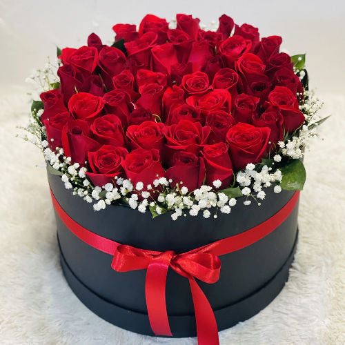 Round box with 50 red roses, gypsophila border, and seasonal foliage