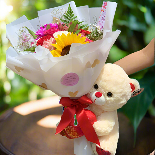 Sunflower and Mixed Flower Bouquet with Large Teddy Bear – Hato Corozal Casanare