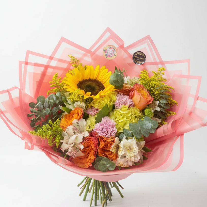 Beautiful sunflower bouquet with mixed premium flowers, orange roses, carnations, alstroemeria, eucalyptus, and luxury pink wrapping for same-day flower delivery in Restrepo, Meta.