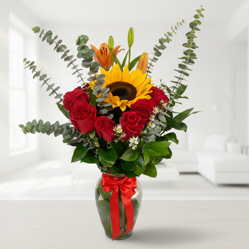Elegant floral arrangement with sunflower, red roses, lilies, and fresh greenery in a glass vase, ideal for flower delivery in Bucaramanga, Colombia.
