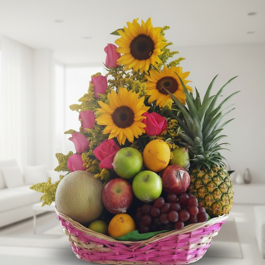 sunflowers and fresh fruit basket with mixed flowers for delivery in Cali Colombia
