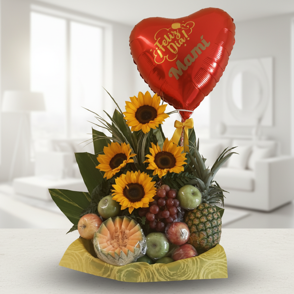 sunflowers and fresh fruit basket with mothers day balloon for delivery in Cali Colombia