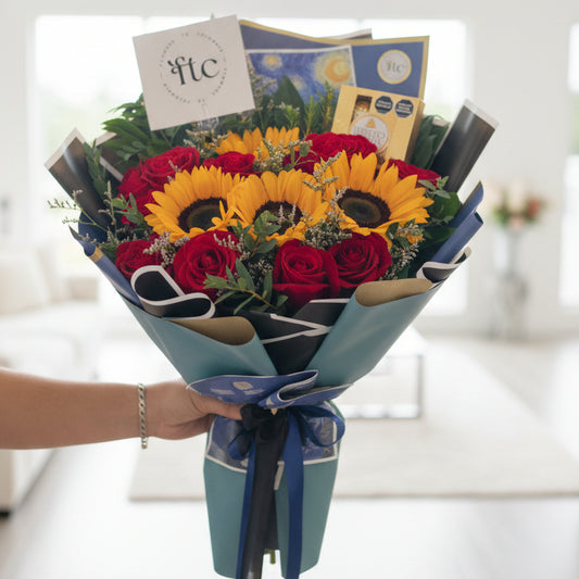 Luxury bouquet with red roses, sunflowers and Ferrero Rocher chocolates for delivery in Rionegro, Marinilla, La Ceja, Llano Grande and El Carmen de Viboral Antioquia Colombia
