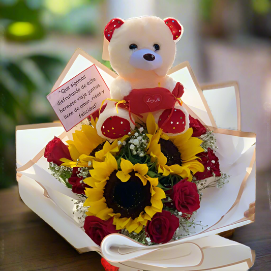 Sunflower and Red Rose Bouquet with Teddy Bear and Card – Hato Corozal Casanare

