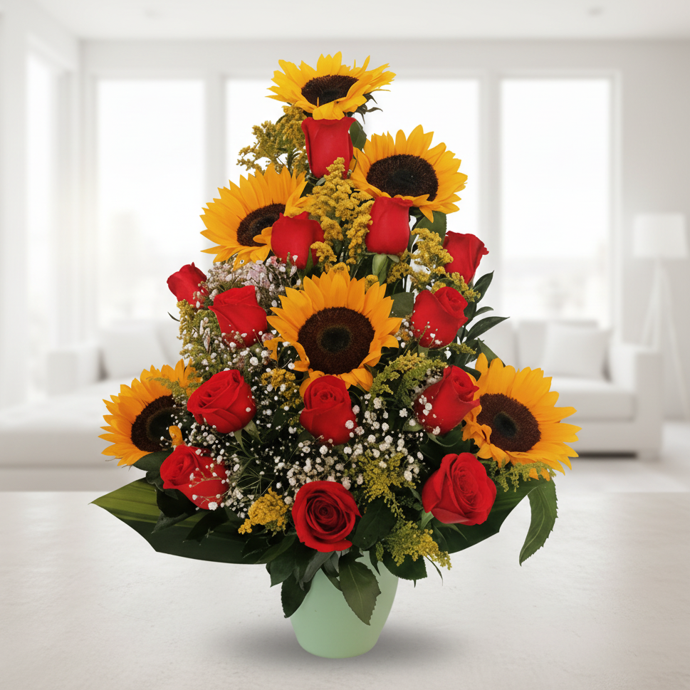 Triangular floral arrangement with sunflowers, red roses, baby’s breath, and fresh greenery, ideal for flower delivery in Bucaramanga, Colombia.