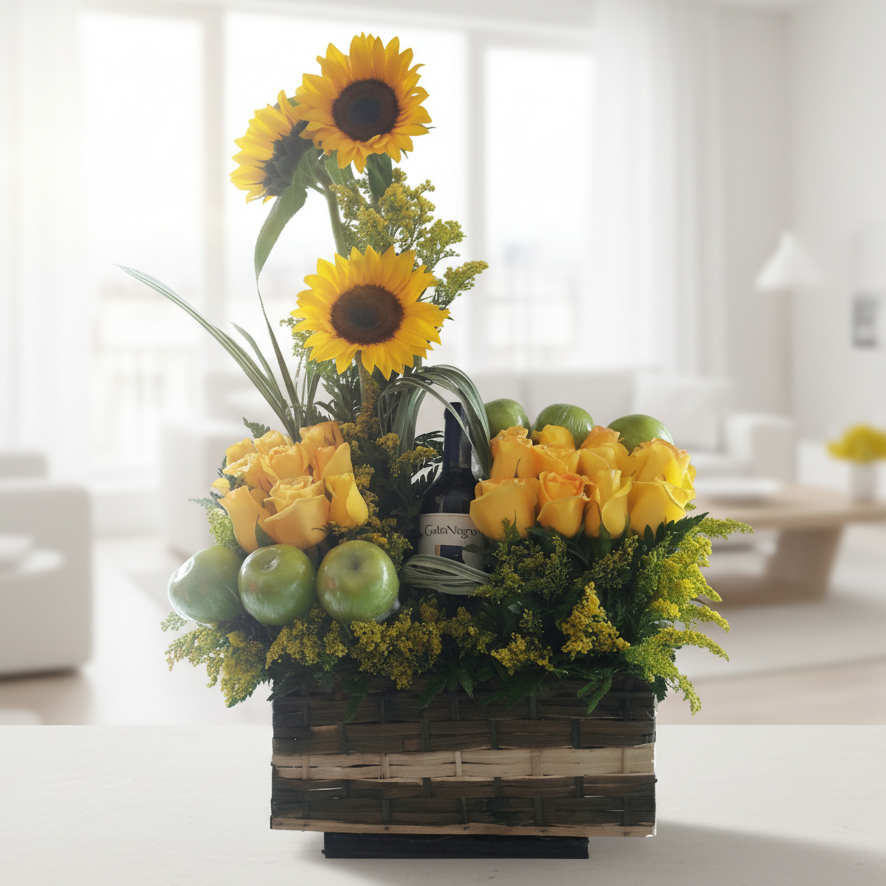 sunflowers and yellow roses arrangement with wine and green apples for delivery in Cali Colombia