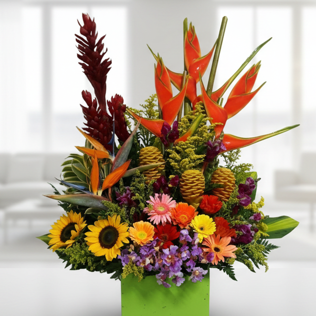 tropical flower arrangement with heliconia sunflowers and exotic flowers for delivery in Cali Colombia