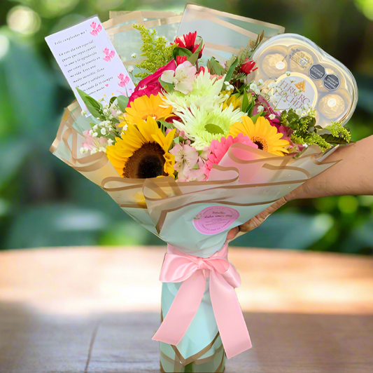 Tropical Sunflower Bouquet with Heart Ferrero and Card – Hato Corozal Casanare