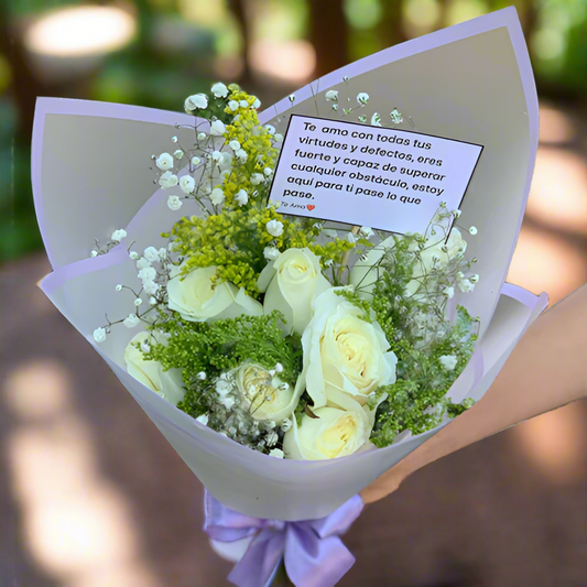 White Rose Bouquet with Foliage and Message Card – Hato Corozal Casanare