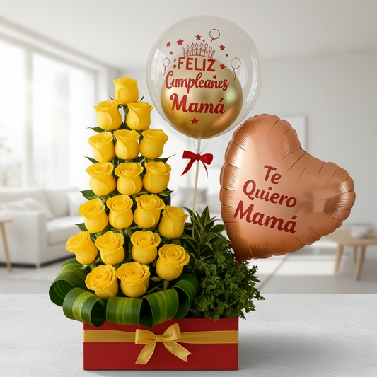 yellow roses arrangement with balloon for mom birthday or mothers day delivery in Cali Colombia